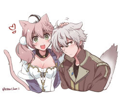  1boy :d ahoge animal_ears atelier_(series) atelier_escha_&amp;_logy averting_eyes blush braid breasts brown_jacket capelet cat_ears cat_tail choker cleavage closed_mouth cropped_torso escha_malier female frown green_eyes hair_between_eyes haruna_(citrus_love_i) hat headpat heart highres jacket jewelry kemonomimi_mode logix_ficsario long_hair looking_at_another necklace oerba_yun_fang open_mouth pink_hair shirt short_hair shy simple_background smile tail twintails upper_body white_background white_capelet white_hat white_shirt 