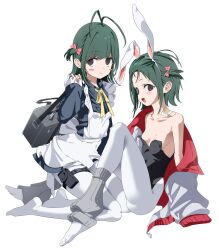  2girls absurdres animal_ear_hairband animal_ears antenna_hair apron bag bare_shoulders black_leotard blue_dress blush_stickers bow breasts brown_eyes character_request closed_mouth collarbone collared_dress commentary_request copyright_request dress fake_animal_ears green_hair grey_leg_warmers hairband hairbow highres holding holding_bag jacket jacket_partially_removed kneeling korean_commentary leg_warmers leotard long_sleeves looking_at_viewer medium_hair multiple_girls neck_ribbon no_shoes one_side_up open_clothes open_jacket oversized_breast_cup pantyhose pink_bow playboy_bunny pouch rabbit_ears ribbon simple_background sleeves_past_fingers sleeves_past_wrists small_breasts smile strapless strapless_leotard tanghulu_(bbbb1123112) thigh_pouch thigh_strap white_apron white_background white_hairband white_jacket white_pantyhose yellow_ribbon 