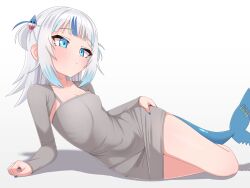  absurdres alternate_costume blue_eyes blue_nails breasts dongtan_dress dress female fins fish_tail gawr_gura grey_dress hair_ornament highres hololive hololive_english lying meme_attire mingkozus multicolored_hair on_side shark_girl shark_hair_ornament shark_tail short_dress simple_background small_breasts solo streaked_hair tail two_side_up virtual_youtuber white_background white_hair 