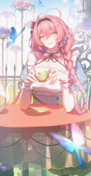  absurdres ahoge angelica_(epic_seven) black_hairband blue_butterfly blue_eyes braid breasts bug butterfly chair closed_mouth cup dress epic_seven female frilled_dress frills gootai hair_between_eyes hairband half-closed_eyes highres holding holding_cup huge_breasts on_chair pink_hair puffy_short_sleeves puffy_sleeves short_sleeves sitting smile solo table teacup upper_body 