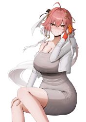  absurdres ahoge alternate_costume bare_shoulders blush body_markings braid breasts changli_(wuthering_waves) cleavage closed_mouth collarbone colored_extremities commentary dongtan_dress dress feet_out_of_frame female grey_dress hair_extensions hair_intakes hair_ornament hand_on_own_knee hand_up highres large_breasts long_hair looking_at_viewer meme_attire mollra multicolored_hair orange_eyes pink_hair red_hands ring_hair_extensions simple_background smile solo taut_clothes taut_dress twin_braids two-tone_hair very_long_hair white_background white_hair wuthering_waves 