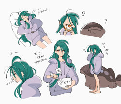  ahoge alternate_costume alternate_hairstyle barefoot bowl bread clodsire closed_eyes closed_mouth commentary_request ear_piercing eating egg_(food) eyelashes female food green_hair grey_hoodie hair_down holding holding_bowl holding_food holding_whisk hood hood_down hoodie logi_bunbukucha long_hair long_sleeves lying mixing_bowl multiple_views no_pants piercing pokemon pokemon_(creature) pokemon_sv red_eyes rika_(pokemon) simple_background sleeves_past_fingers sleeves_past_wrists smile squeans standing translation_request whisk white_background 