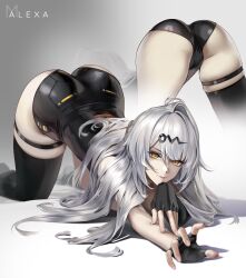  absurdres artist_logo artist_name ass asymmetrical_gloves black_gloves black_shorts black_thighhighs breasts character_name closed_mouth commentary elbow_gloves female gloves grey_hair hair_ornament hashtag-only_commentary high-waist_shorts highres large_breasts logo long_hair looking_at_viewer m_alexa multiple_views outstretched_arm shorts single_elbow_glove single_hair_intake single_thighhigh skindentation smile thigh_strap thighhighs thighs top-down_bottom-up uneven_gloves yellow_eyes yixuan_(zenless_zone_zero) zenless_zone_zero 
