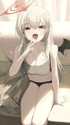  absurdres arm_at_side bare_arms bare_legs bat_wings black_panties black_wings blanket blue_archive breasts brown_hair brown_sports_bra choppy_bangs cleavage collarbone commentary_request couch curtains eyelashes female from_above hair_between_eyes halo hand_up haruna_(blue_archive) highres indoors large_breasts long_bangs long_hair looking_at_viewer looking_up navel no_pants on_couch open_mouth panties re_naya red_eyes red_halo single_wing sitting solo sports_bra stomach straight_hair sunlight teeth underwear underwear_only upper_teeth_only v v_over_mouth wings 