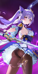  absurdres ass bare_shoulders black_panties black_pantyhose blush bow breasts closed_mouth commentary cone_hair_bun diamond-shaped_pupils diamond_(shape) double_bun dress earrings electricity female floating floating_object floating_sword floating_weapon from_behind from_below genshin_impact gradient_background hair_bun hair_ornament hairbow highres jewelry keqing_(genshin_impact) long_hair looking_at_viewer looking_back medium_breasts panties panties_under_pantyhose pantyhose pantyshot pink_eyes purple_background purple_dress purple_hair short_sleeves sideboob solo standing sword symbol-shaped_pupils tassel thighs turning_head twintails underwear very_long_hair weapon white_dress yueyueyue_yao 