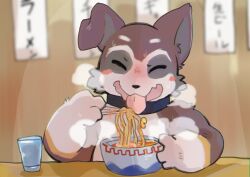  absurd_res anthro blush breath canid canine canis closed_eyes collar collar_only digital_media_(artwork) eating food fur hi_res male mammal noodles nude open_mouth panting restaurant rog_(rogulus) solo spicy_food text tinntira tongue tongue_out wolf 