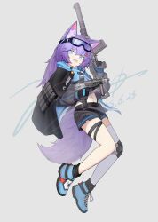 absurdres ahoge ammunition_pouch animal_ear_fluff animal_ears as_val assault_rifle asymmetrical_footwear belt black_cape black_gloves black_leg_warmers black_shorts boots cape commentary_request cropped_jacket dated dual_wielding female fox_ears fox_girl full_body gloves goggles goggles_on_head grey_background gun hair_ornament highres holding holding_gun holding_weapon jacket jerry_wang knee_pads leg_warmers long_hair long_sleeves magazine_(weapon) mismatched_footwear mixed-language_commentary navel oerba_yun_fang open_mouth optical_sight original pouch purple-tinted_eyewear purple_boots purple_eyes purple_hair purple_jacket purple_tail rifle short_shorts shorts signature simple_background single_knee_pad single_thighhigh skin_fang solo sr-2_veresk suppressor suspender_shorts suspenders tail thigh_strap thighhighs thighs tinted_eyewear trigger_discipline vertical_foregrip weapon white_thighhighs zettai_ryouiki 