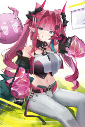  absurdres arknights arknights:_endfield belt black_belt blue_hair breasts cone_hair_bun crop_top double_bun drill_hair ema_(kuguiema) female grey_eyes grin hair_bun hair_intakes highres horns large_breasts long_hair looking_at_viewer midriff multicolored_hair multicolored_horns navel pants pink_hair pointy_ears sitting smile solo streaked_hair twintails two-tone_hair two-tone_horns v white_pants yvonne_(arknights) 