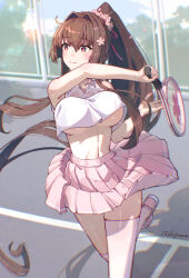  breasts brown_eyes brown_hair chain-link_fence collared_shirt commentary_request crop_top female fence flower hair_flower hair_ornament highres himeyamato holding holding_racket holding_tennis_racket kantai_collection large_breasts long_hair pink_skirt pleated_skirt ponytail racket shirt skirt sleeveless smile sportswear tennis tennis_court tennis_racket tennis_skirt tennis_uniform thighhighs underboob very_long_hair white_thighhighs yamato_(kancolle) 