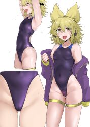  absurdres armpits black_one-piece_swimsuit blonde_hair breasts competition_swimsuit covered_navel cowboy_shot earmuffs female groin highleg highleg_one-piece_swimsuit highres ikeda_yamada jacket jacket_partially_removed messy_hair multiple_views one-piece_swimsuit open_clothes open_jacket pointy_hair purple_jacket short_hair simple_background small_breasts standing stretching swimsuit touhou toyosatomimi_no_miko white_background yellow_eyes 
