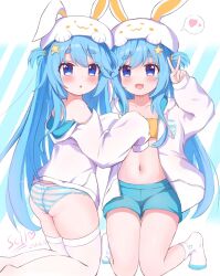 2girls :d :o animal_ear_headwear animal_ears animal_hat ass bare_shoulders bemani bikini bikini_top_only blue_eyes blue_hair blue_panties blue_shorts blush collarbone dated diagonal-striped_background hair_between_eyes hair_ornament hands_up hat heart highres hood hood_down hooded_jacket jacket kneeling knees_together_feet_apart long_hair long_sleeves looking_at_viewer multiple_girls navel near_(sound_voltex) no_pants no_shoes noah_(sound_voltex) oerba_yun_fang open_clothes open_jacket open_mouth panties rabbit_ears short_eyebrows short_shorts shorts sichuan_luo_li signature skin_fang sleeves_past_fingers sleeves_past_wrists smile socks sound_voltex spoken_heart star_(symbol) star_hair_ornament straight_hair striped_background striped_clothes striped_panties swept_bangs swimsuit thick_eyebrows thighhighs two_side_up underwear v very_long_hair white_hat white_jacket white_panties white_socks white_thighhighs yellow_bikini 