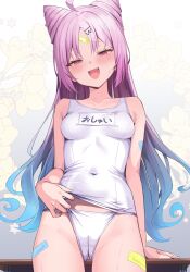  .live :d bandaid bandaid_on_thigh blue_hair breasts character_request clothes_lift commentary_request cone_hair_bun double_bun female gradient_hair hair_bun highres lifting_own_clothes looking_at_viewer medium_breasts multicolored_hair one-piece_swimsuit open_mouth pink_eyes pink_hair school_swimsuit smile solo swimsuit swimsuit_lift virtual_youtuber white_one-piece_swimsuit yoshiheihe 