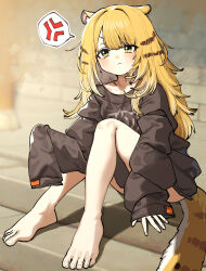  :&lt; absurdres anger_vein animal_ears bare_legs barefoot blonde_hair blush chroong collarbone commentary_request feet female green_eyes highres ju_fufu korean_commentary legs long_hair looking_at_viewer naked_shirt no_pants oversized_clothes pout shirt sleeves_past_fingers sleeves_past_wrists solo spoken_anger_vein striped_hair striped_tail tail tiger_ears tiger_girl tiger_tail toes very_long_hair very_long_sleeves zenless_zone_zero 