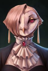  anthro avian barn_owl beak bird brooch brown_hair clothed clothing cravat dannoitanart eyeshadow female formal_wear front_view fully_clothed hair hair_over_eye headshot_portrait hi_res makeup mascara owl portrait red_eyes shirt solo topwear tyto tytonid vilhelmina 