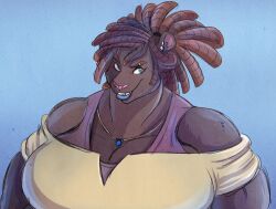  2023 anthro big_breasts blue_background blue_eyes blue_lips breasts brown_body brown_breasts brown_eyebrows brown_fur brown_hair bust_portrait cleavage cleric clothed clothing colored digital_drawing_(artwork) digital_media_(artwork) dreadlocks ear_piercing eyebrow_piercing eyebrows eyelashes facial_piercing felid female female_anthro fur furrowed_brow gem hair jewelry light lighting lips long_hair mammal muscular muscular_anthro muscular_female necklace open_mouth open_smile pantherine piercing pink_nose ponytail portrait purple_clothing purple_shirt purple_topwear sapphire_(gem) shaded shirt simple_background smile solo thick_bottom_lip topwear vashti_(volkenfox) volkenfox yellow_clothing yellow_shirt yellow_topwear 