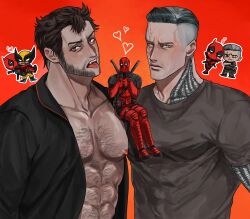  3boys abs beard blush blush_stickers bodysuit boy_sandwich brown_hair cable_(marvel) carrying chest_hair chibi closed_mouth collarbone commentary_request deadpool deadpool_&amp;_wolverine deadpool_(series) deadpool_2 facial_hair grey_hair hairy heart highres immjb5x8u9akn7a jacket katana long_sleeves looking_at_viewer marvel mature_male mechanical_arms multiple_boys muscular muscular_male nipples princess_carry red_bodysuit red_mask sandwiched shirt superhero_costume sword sword_behind_back tongue tongue_out two-tone_bodysuit weapon wolverine_(x-men) x-men x-men_film_series yaoi 