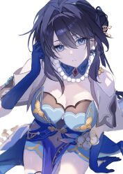  absurdres adjusting_hair arm_support black_hair blue_dress blue_eyes blue_gloves breasts capelet detached_collar dress elbow_gloves female gloves hair_bun highres honkai:_star_rail honkai_(series) jewelry kagaku_o large_breasts long_hair looking_at_viewer navel necklace parted_lips pearl_necklace ruan_mei_(honkai:_star_rail) simple_background single_side_bun solo white_background white_capelet 