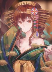  alternate_costume alternate_hair_color bare_shoulders breasts brown_eyes brown_hair cleavage closed_mouth drill_hair female fish green_kimono hair_ornament highres holding holding_smoking_pipe japanese_clothes kanzashi kasane_teto kimono kiseru long_sleeves looking_at_viewer nail_polish off_shoulder qiu-k_(qiukkon) red_nails smoking_pipe solo twin_drills upper_body utau wide_sleeves yoshiwara_lament_(utau) 