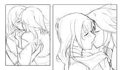  2girls animal_ears blush closed_eyes commentary eimikosmoothie fox_ears french_kiss genshin_impact greyscale hand_on_another&#039;s_back hand_on_another&#039;s_shoulder highres kissing long_hair mole mole_under_eye monochrome multiple_girls raiden_shogun tongue tongue_out upper_body yae_miko yuri 