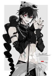  1boy abs absurdres belt_collar bishounen black_hair black_nails border braid chain_necklace chains clothes_around_waist collar crossed_bangs detached_sleeves ear_piercing grey_background hair_between_eyes hair_rings hat highres jewelry judal long_hair long_sleeves looking_at_viewer magi_the_labyrinth_of_magic male_focus meng_ziya midriff nail_polish navel necklace open_mouth own_hands_together pale_skin piercing red_eyes simple_background single_braid smile solo spot_color stomach_tattoo tattoo toned toned_male upper_body white_border 