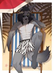  3:4 abs animal_print anthro anubian_jackal athletic barefoot beach beach_chair beach_umbrella black_hair canid canine canis clothed clothing eihman eyewear feet fur green_eyes grey_body grey_fur hair hi_res jackal leon_(leonjackyl) long_hair looking_at_viewer lounger lying male male_anthro mammal on_back outside parasol sand solo summer sunglasses swimming_trunks swimwear swimwear_only topless topless_male umbrella zebra_print 