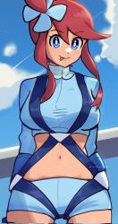  blue_eyes blue_gloves blue_shorts breasts crop_top cropped_jacket female gloves highres large_breasts lunatuneflowers midriff navel one_side_up pokemon pokemon_bw red_hair short_hair_with_long_locks short_shorts shorts skyla_(pokemon) smile solo tongue tongue_out upper_body 