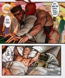  2boys ass bara bed black_hair bow bowtie closed_mouth completely_nude deadpool deadpool_&amp;_wolverine deadpool_(series) english_text eyepatch highres jacket leotard long_sideburns lying male_focus male_playboy_bunny marvel mask multiple_boys muscular muscular_male nude on_back on_bed red_leotard shirt short_hair sideburns strapless strapless_leotard twitter_username umikochannart white_jacket white_shirt wolverine_(x-men) x-men yaoi 