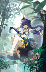  :d absurdres anklet baka_(yinghuo11) bamboo bamboo_forest bare_legs bare_shoulders barefoot bracelet breasts bridal_gauntlets chinese_clothes choker commentary detached_sleeves feet female forest hair_between_eyes hair_ornament hairclip headpiece highres holding holding_skewer honkai:_star_rail honkai_(series) jewelry knees_together_feet_apart legs long_hair looking_at_viewer low_twintails nail_polish nature open_mouth outdoors purple_hair red_nails reflection reflective_water river rock sitting skewer smile soles solo stomach tanghulu teeth thigh_strap toenail_polish toenails toes twintails upper_teeth_only white_sleeves yellow_eyes yunli_(honkai:_star_rail) 