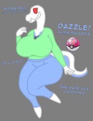  anthro azziartnsfw azziartsfw big_breasts bigger_female blue_pants breasts_bigger_than_head breasts_grab creature curvy_body curvy_female curvy_figure curvy_hips enormous_ass enormous_breasts enormous_butt furry gigantic_breasts green_shirt grey_background hips hipster hot_pants hourglass_figure huge_breasts huge_hips large_breasts pleasure plump plump_breasts plump_thighs pok&eacute;mon_(species) poke_ball pokemon pokemon_(species) salazzle sexually_suggestive shiny_pokemon side_butt small_waist white_skin wide_hips 