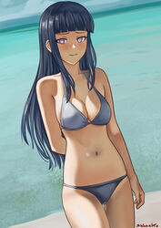  1girls arms_behind_back beach belly_button bikini bikini_bottom bikini_top blue_bikini blue_hair blush breasts cleavage clothed clothing cute embarrassed female female_only fully_clothed hyuuga_hinata inner_sideboob light-skinned_female light_skin long_hair looking_at_viewer medium_breasts naruto naruto_(series) naruto_shippuden ocean pinup pose posing shinsaku shounen_jump shy sideboob smile smiling solo standing swimsuit violet_eyes wide_hips 