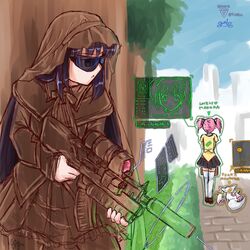  2girls :&lt; akemi_homura akemi_homura_(magical_girl) assault_rifle black-yuzunyan camouflage commentary_request ghost_recon ghost_recon:_future_soldier grenade_launcher gun heads-up_display kaname_madoka kyuubee magical_girl mahou_shoujo_madoka_magica mahou_shoujo_madoka_magica_(anime) multiple_girls optical_camouflage rifle safety_glasses scope stalking suppressor uav underbarrel_grenade_launcher weapon 