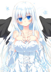  angel_wings bad_id bad_pixiv_id bare_shoulders black_wings blue_eyes blush breasts dress female fiira_(inose_riku) flower hands_on_own_chest inose_riku large_breasts long_hair looking_at_viewer original simple_background smile solo strapless strapless_dress very_long_hair white_background white_dress white_hair wings 