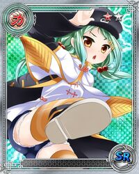  arm_up ass black_coat black_hat brown_eyes card_(medium) chinkyuu coat cutoffs denim denim_shorts feet female green_hair hair_bobbles hair_ornament hairclip hat katagiri_hinata kicking koihime_musou leg_lift long_hair official_art open_mouth shirt shoes short_shorts shorts solo striped_clothes striped_thighhighs thighhighs twintails white_shirt 