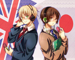  2boys axis_powers_hetalia black_hair blonde_hair book british_flag brown_eyes flag glasses green_eyes headphones japan_(hetalia) japanese_flag lolicon male male_focus multiple_boys necktie otonarisan school_uniform short_hair standing tie uniform united_kingdom_(hetalia) 