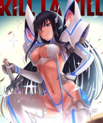  bakuzan black_hair blue_eyes blurry breasts bu_li closed_mouth commentary copyright_name debris depth_of_field female frills from_below frown gloves gradient groin hand_on_own_hip holding holding_sword holding_weapon junketsu kill_la_kill kiryuuin_satsuki large_breasts long_hair looking_down navel revealing_clothes solo stomach strap_gap sword thighhighs very_long_hair weapon white_gloves white_thighhighs 