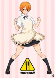  apron black_socks blush commentary_request female hair_ornament inami_mahiru kneehighs loafers orange_eyes orange_hair rheez shoes short_hair skirt socks solo waitress working!! 