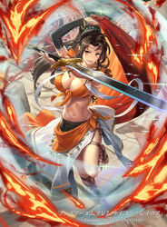  arm_over_head breasts brown_footwear brown_hair commentary_request cross-laced_footwear cuboon elbow_sleeve female fire_emblem fire_emblem:_genealogy_of_the_holy_war fire_emblem_cipher gladiator_sandals headband high_heels holding holding_sword holding_weapon large_breasts laylea_(fire_emblem) navel official_art photoshop_(medium) ponytail sandals sarong shirt skirt sword thigh_strap tied_shirt weapon white_skirt 