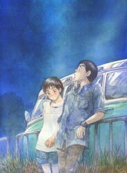  1boy black_hair blush brown_hair casual commentary_request couple female highres holding_hands izumi_noa kidou_keisatsu_patlabor night night_sky painting_(medium) shinohara_asuma short_hair sky straight texture traditional_media ususionorisio watercolor_(medium) 