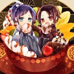  2boys anmitsu_(dessert) bad_id bad_pixiv_id banana black_hair blue_eyes bowl brown_hair cherry chibi eating food fruit japanese_clothes kashuu_kiyomitsu male_focus mayoko_na_kuroneko mini_person miniboy multiple_boys orange_(fruit) ponytail red_eyes scarf syrup touken_ranbu yamato-no-kami_yasusada 