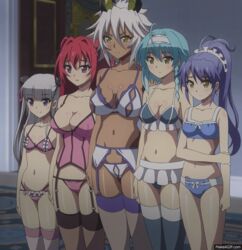  5girls age_difference ahoge animated animated aqua_hair bangs black_legwear blue_bra blue_hair blue_panties blue_training_bra blunt_bangs blush blush_stickers bow bow_bra bow_panties bra braid breasts camisole cleavage cowboy_shot dark_skin demon_girl demon_horns door expressionless female flipped_hair frilled_bra frilled_legwear frilled_panties frills frown garter garter_belt garter_straps gold_eyes green_eyes groin hair_between_eyes hair_intakes hair_ornament hair_ribbon hair_scrunchie hairband headdress high_ponytail highleg highleg_panties highres holding holding_arm horns indoors inside lace lace-trimmed_thighhighs large_breasts legwear light-skinned light_smile lineup lingerie long_hair looking_to_the_side microskirt multiple_girls naruse_maria naruse_mio navel nonaka_kurumi nonaka_yuki panties parted_lips pink_bra pink_eyes pink_legwear pink_panties pink_torsolette pleated_skirt ponytail production_ims purple_bra purple_eyes purple_panties raised_eyebrows red_eyes red_hair ribbon ruffle_panties ruffled_bra ruffled_panties screen_capture shinmai_maou_no_testament shinmai_maou_no_testament_burst short_hair side_braid sideboob sidelocks silver_hair skirt small_breasts smile standing stockings string_panties succubus thick_thighs thighhighs thighs tied_hair torsolette training_bra twintails two_side_up underwear underwear_only white_bra white_hair white_hair_ornament white_hairband white_panties white_scrunchie yellow_eyes zest_(shinmai_maou_no_testament) 