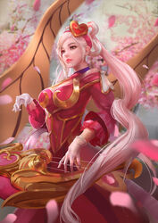  alternate_costume alternate_hair_color cglas cherry_blossoms commentary dress female gloves hair_ornament headband heart instrument league_of_legends lipstick long_hair looking_to_the_side makeup petals photoshop_(medium) pink_hair red_dress solo sona_(league_of_legends) standing sweetheart_sona twintails very_long_hair white_gloves 