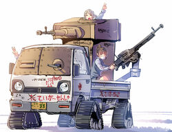  3girls :d ^_^ amazon_(company) arm_up armored_vehicle blonde_hair blunt_bangs blush brown_eyes brown_hair bullet_hole carton caterpillar_tracks check_translation closed_eyes commentary_request daito dshk eyebrows glass grey_skirt gun hair_bun heavy_machine_gun long_sleeves machine_gun motor_vehicle mouth_guard multiple_girls open_mouth original pickup_truck pleated_skirt ponytail purple_eyes shirt single_hair_bun sitting skirt smile suzuki_(company) sweater_vest technical translation_request transparent truck turret v vehicle_focus weapon wheel white_shirt window 