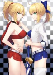  2girls ahoge blonde_hair bow breasts checkered checkered_background citron_82 closed_umbrella excalibur eyebrows_visible_through_hair fate/apocrypha fate/grand_order fate/stay_night fate_(series) green_eyes hairbow highres long_hair looking_at_viewer multiple_girls ponytail profile race_queen saber saber_of_red short_shorts shorts smile umbrella 