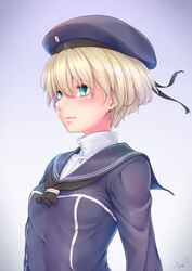  blonde_hair blue_background blue_eyes breasts buttons commentary_request dress female gradient_background hat highres kantai_collection kurofude_anna light_smile lips long_sleeves looking_afar sailor_collar sailor_dress sailor_hat short_hair small_breasts solo two-tone_background upper_body white_background z1_leberecht_maass_(kancolle) 