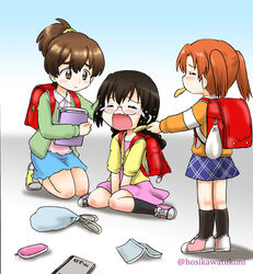  3girls aged_down alternate_hairstyle backpack bag black_hair black_socks blouse blue_skirt book braid brown_eyes brown_hair cardigan closed_eyes commentary_request crying dress fallen_down food girls_und_panzer glasses hand_on_another&#039;s_head highres holding hoshikawa_tsukimi kadotani_anzu kawashima_momo kneeling koyama_yuzu long_hair long_sleeves looking_at_another multiple_girls pencil_case pink_dress pink_footwear plaid plaid_skirt ponytail randoseru scrunchie shirt shoes short_ponytail short_twintails skirt smile sobbing socks sweet_potato twin_braids twintails twitter_username v_arms white_legwear yellow_footwear 