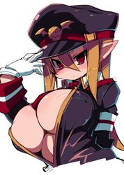  absurdres arm_behind_back blush breasts closed_mouth collared_shirt commentary covered_nipples disgaea female gloves hair_between_eyes hand_on_headwear hand_up hat highres huge_breasts jacket light_brown_hair long_hair long_sleeves looking_at_viewer makai_senki_disgaea_3 military military_uniform necktie pointy_ears purple_hat purple_jacket red_eyes red_necktie salvatore_(disgaea) shirt simple_background solo uniform upper_body white_background white_gloves wing_collar zankuro 