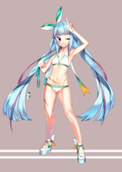  bikini blue_hair female full_body grey_background grin ishida-masamune_kiriko kbtmsboy long_hair midriff multicolored_hair one_eye_closed scar shinken!! smile solo swimsuit twintails v very_long_hair 