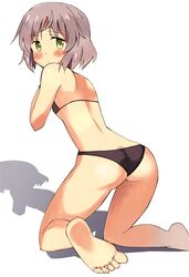  ass back bad_id bad_pixiv_id bare_shoulders barefoot bikini black_bikini blush embarrassed feet female flat_chest from_side glastonbury1966 green_eyes grey_hair kneeling looking_at_viewer looking_back sanya_v._litvyak shadow short_hair simple_background soles solo strike_witches swimsuit taut_bikini taut_clothes toes white_background world_witches_series 