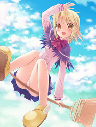  banned_artist blonde_hair bow broom broom_riding capelet highres minis n.g. oerba_yun_fang panties pantyshot shoes short_hair sidesaddle skirt solo summon_night underwear upskirt winged_shoes wings yellow_eyes 