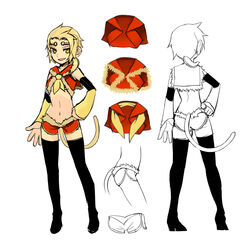  ascot black_legwear blonde_hair boots commentary_request detached_sleeves facing_away female fur_trim genderswap_(mtf) journey_to_the_west midriff monkey_tail navel oerba_yun_fang open_mouth otosama reference_sheet rule_63 short_ponytail short_shorts shorts sun_wukong tail thigh_boots thighhighs yellow_eyes 